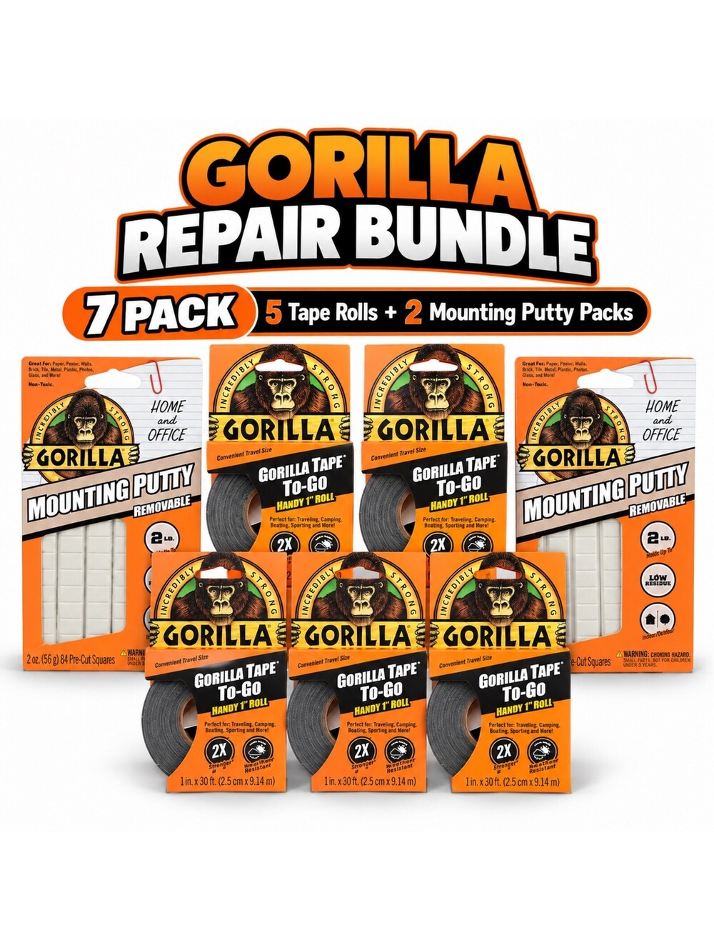 Gorilla Repair Bundle 5 Tape Rolls and 2 Mounting Putty Packs - Bundle 7 pack